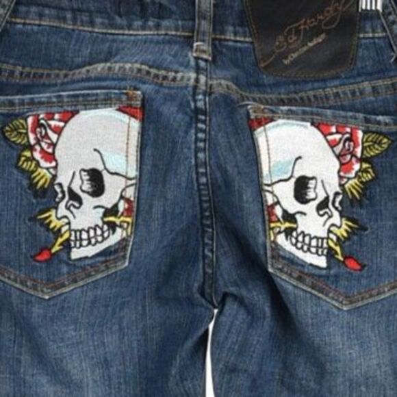 Ed Hardy Christian Audiger Skull Pocket Denim Blue Jeans Size 29